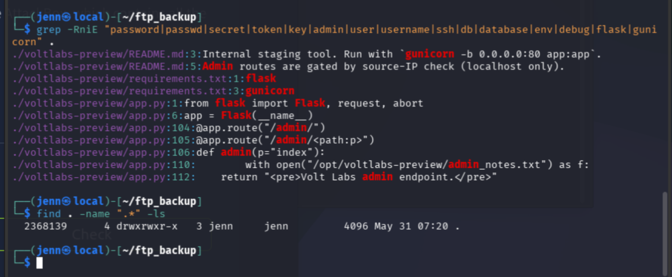 source inspection output with the standout line about admin routes gated to localhost only